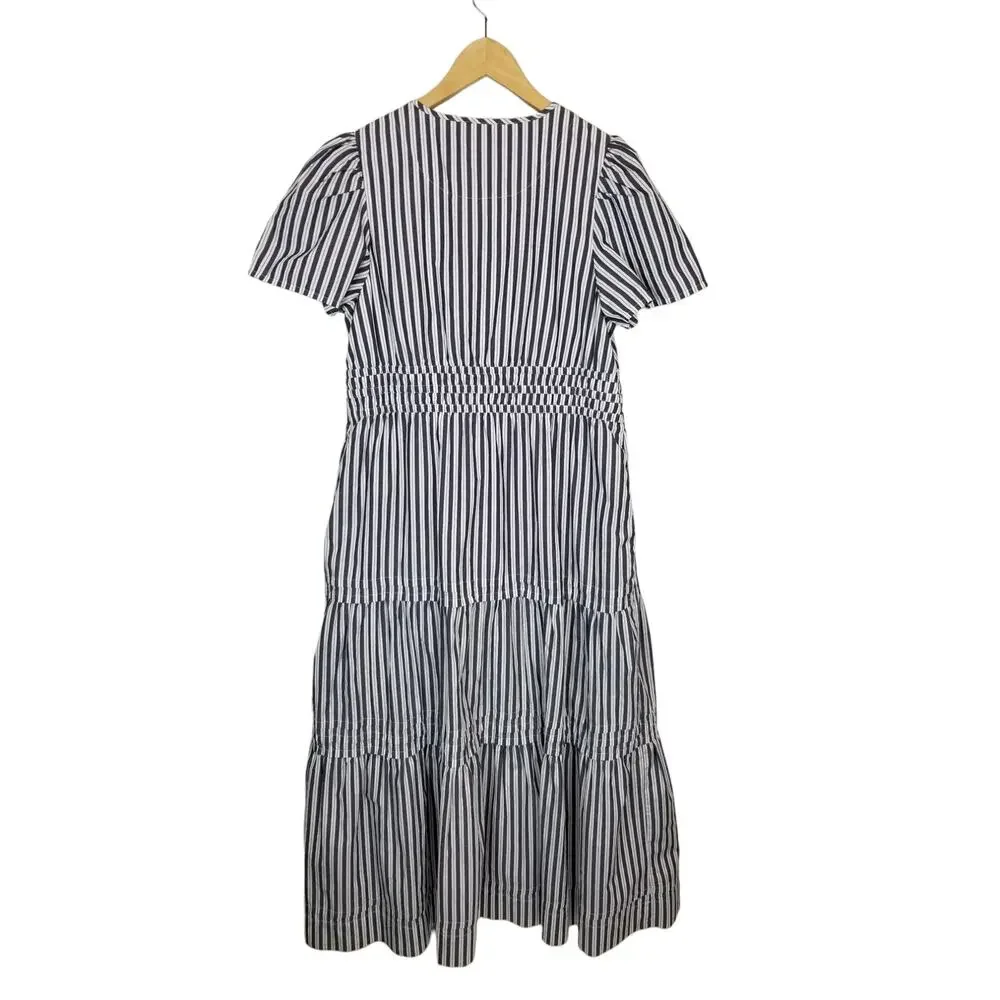 Quince Womens 100% Organic Cotton Poplin Tiered Maxi Dress Hudson Stripe Large - Picture 3 of 8